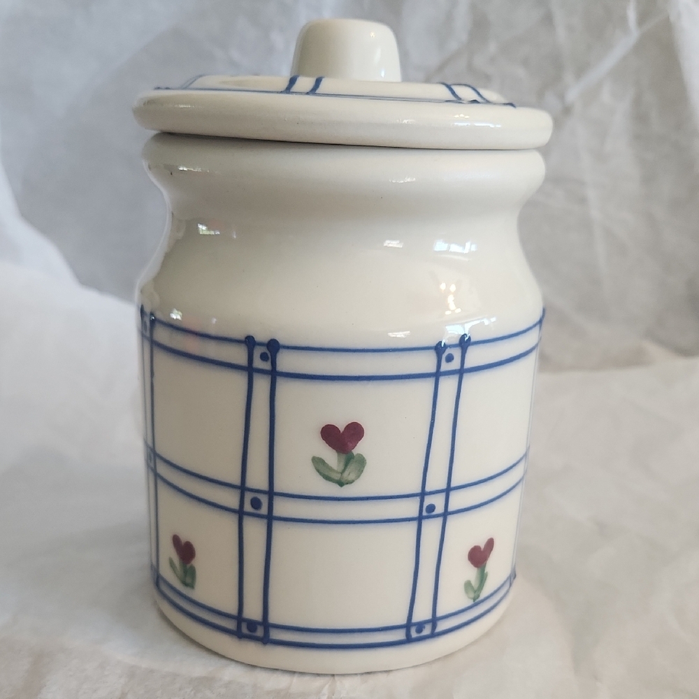 Vintage Hartstone Pottery Blue Windowpane 5.25" Canister with a lid